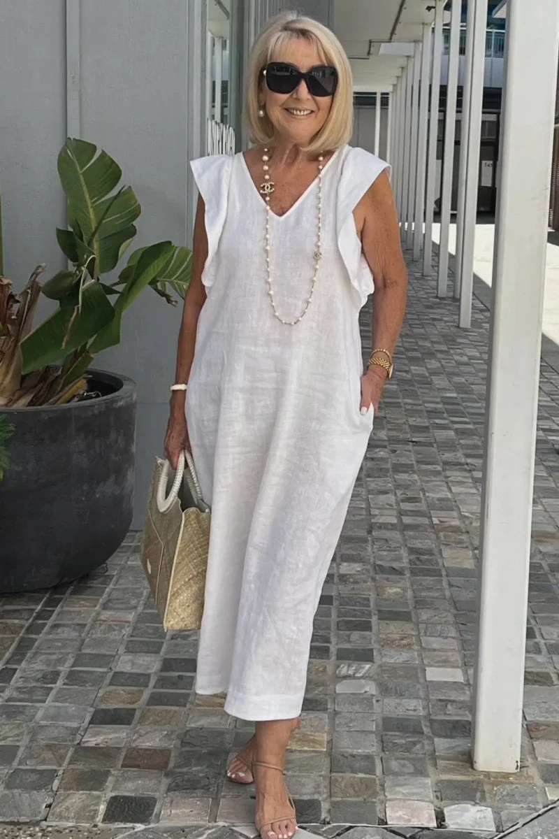Damen Maxikleid mit V-Ausschnitt und angeschnittenem Ärmel
