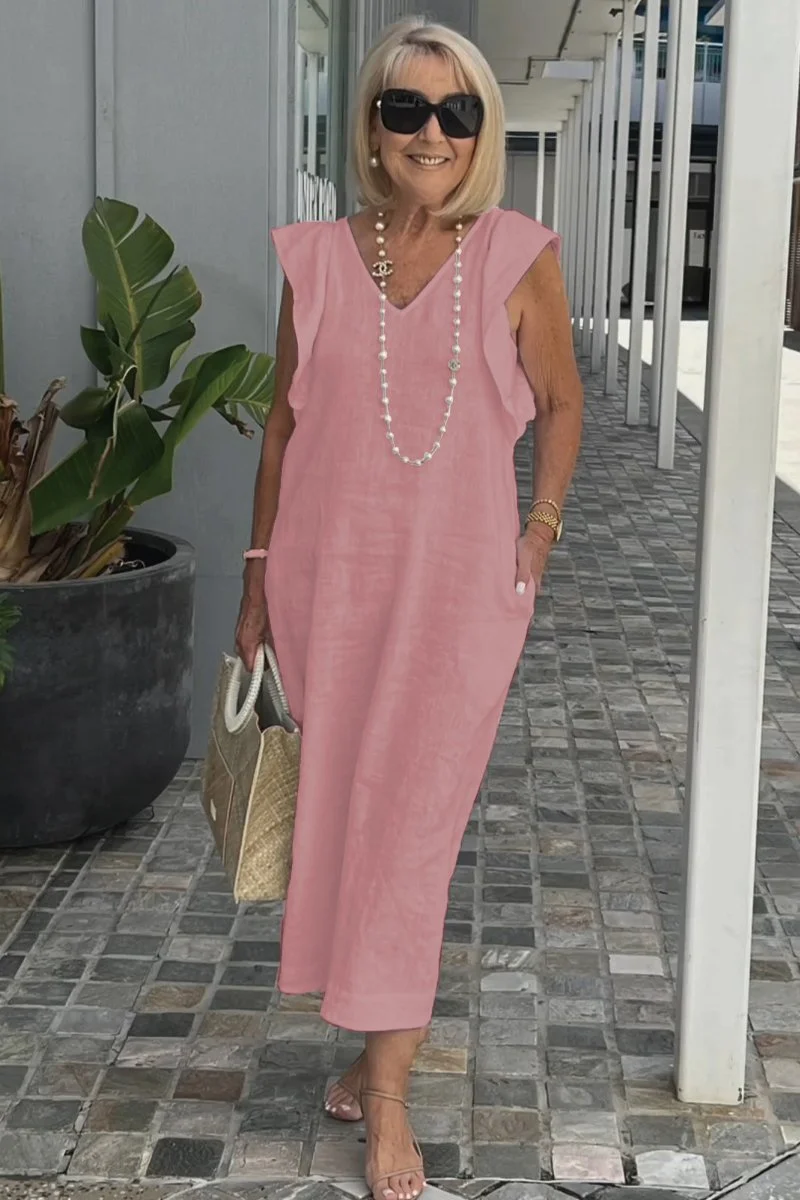 Damen Maxikleid mit V-Ausschnitt und angeschnittenem Ärmel