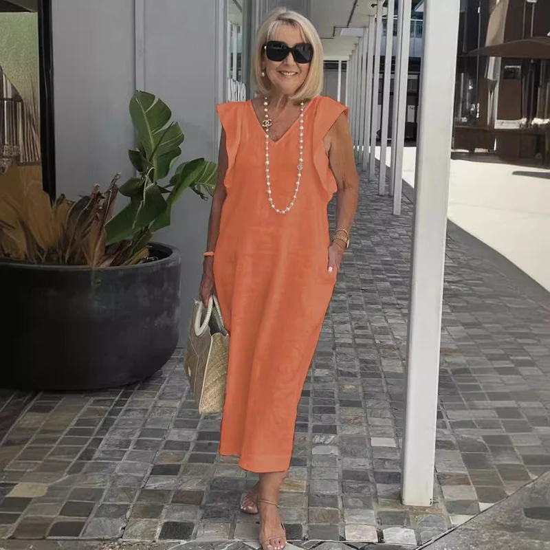 Damen Maxikleid mit V-Ausschnitt und angeschnittenem Ärmel