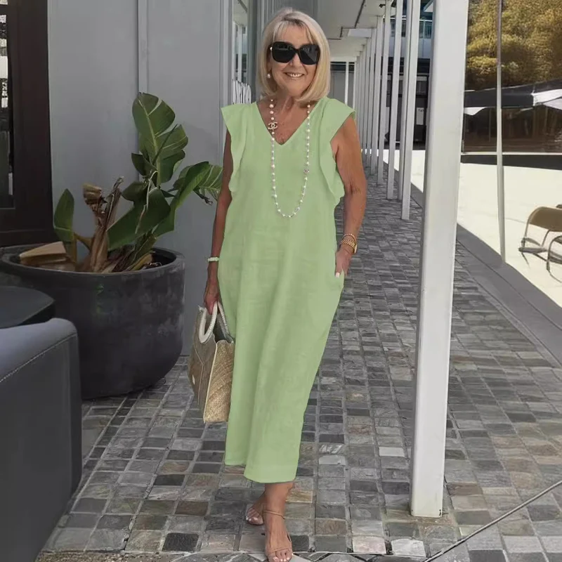Damen Maxikleid mit V-Ausschnitt und angeschnittenem Ärmel