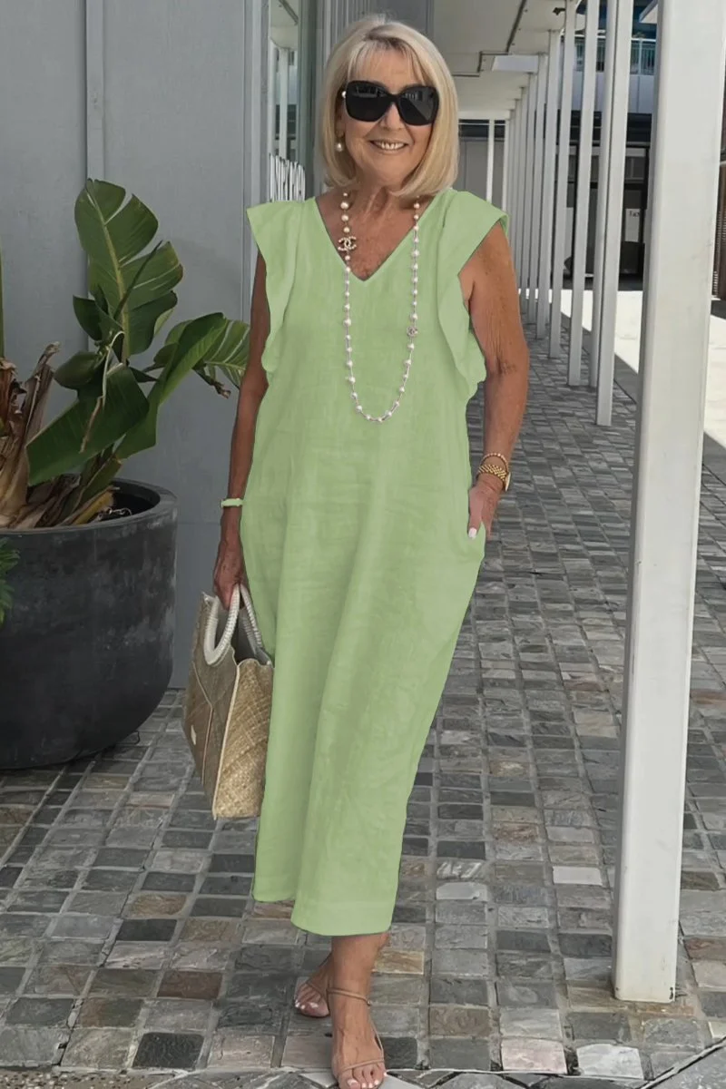 Damen Maxikleid mit V-Ausschnitt und angeschnittenem Ärmel