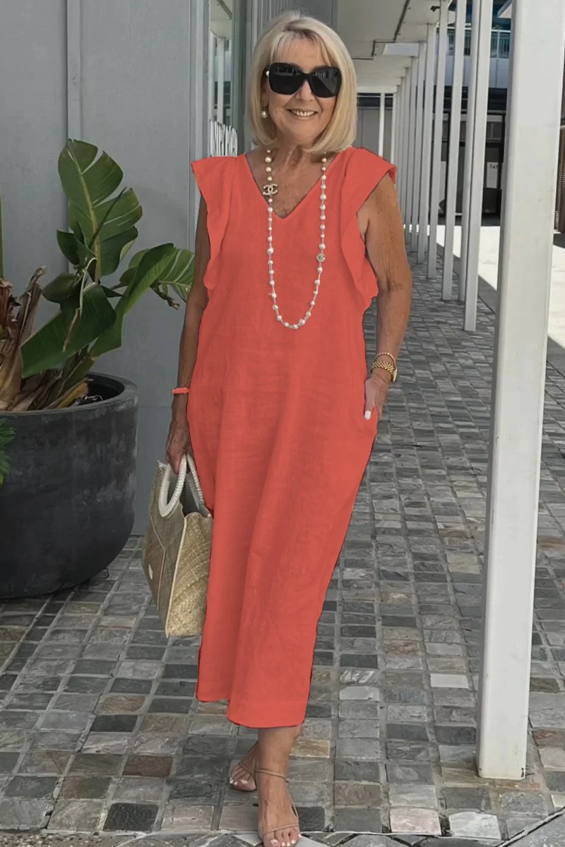Damen Maxikleid mit V-Ausschnitt und angeschnittenem Ärmel