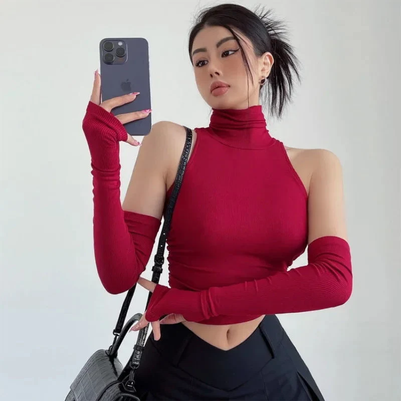 Damen Langarm Crop-Top mit Stehkragen und figurbetontem Schnitt