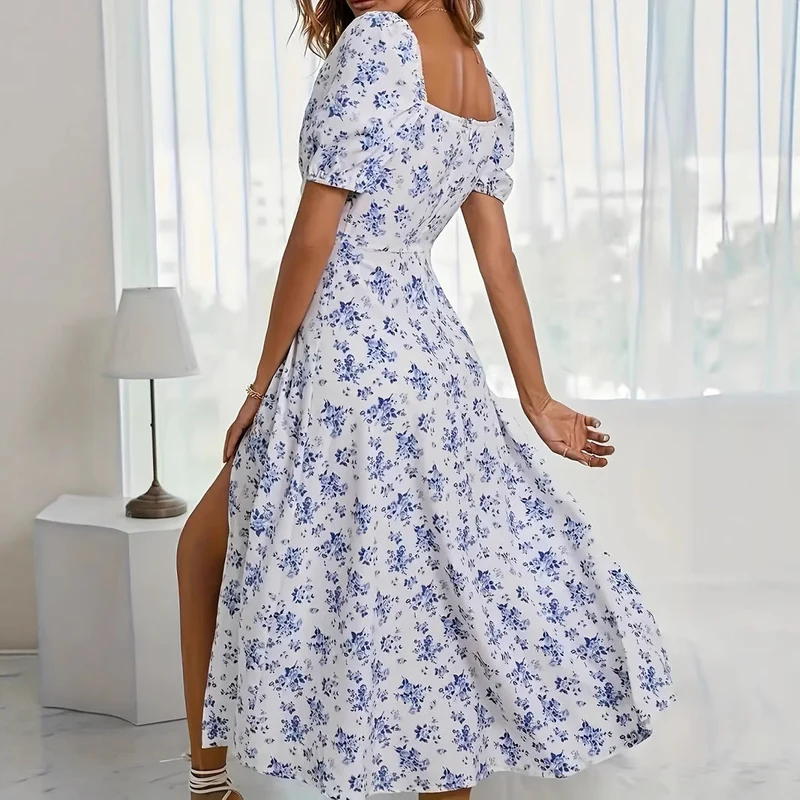 Damen Sommerliches Maxikleid mit Blumenmuster und schulterfreien Ärmeln