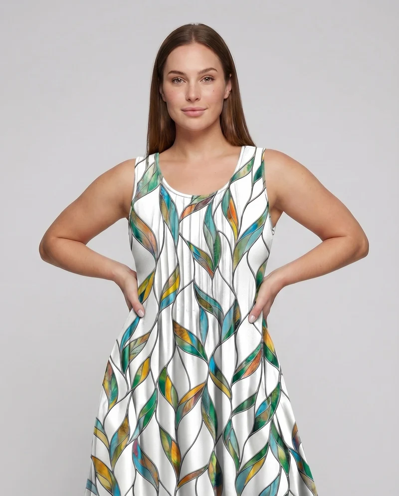 Damen Swing-Midikleid Blattprint Seitentaschen Viskose-Mix