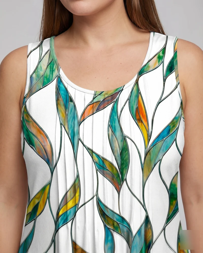 Damen Swing-Midikleid Blattprint Seitentaschen Viskose-Mix
