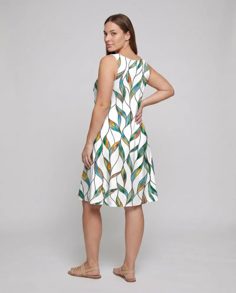 Damen Swing-Midikleid Blattprint Seitentaschen Viskose-Mix