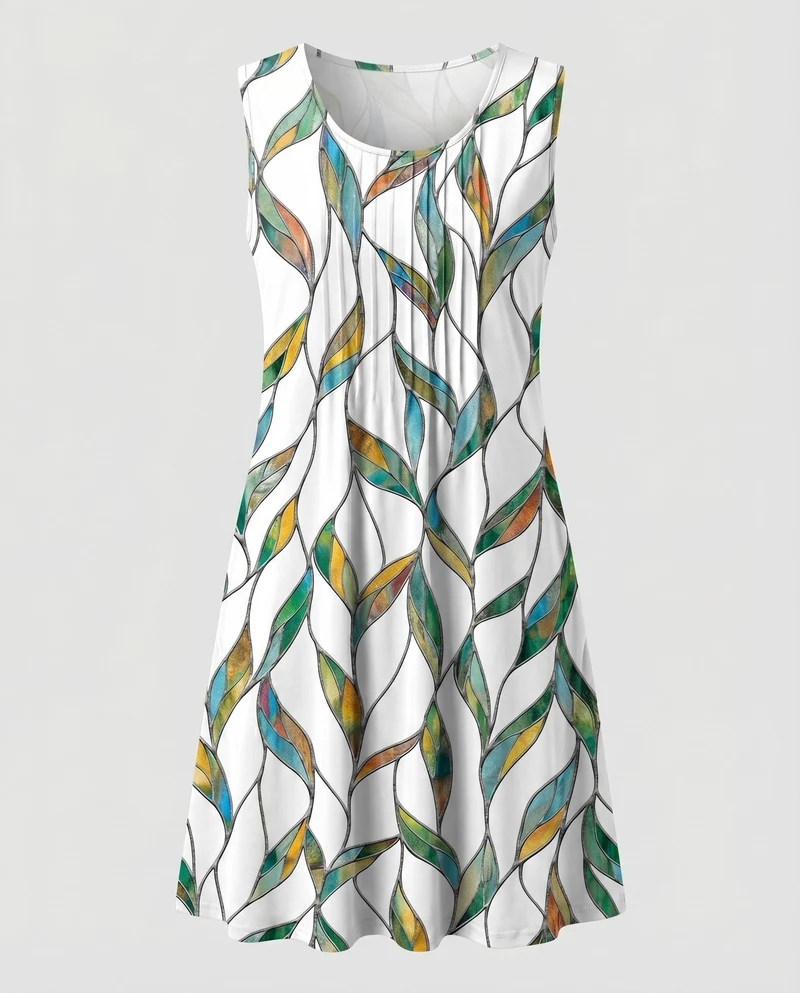 Damen Swing-Midikleid Blattprint Seitentaschen Viskose-Mix