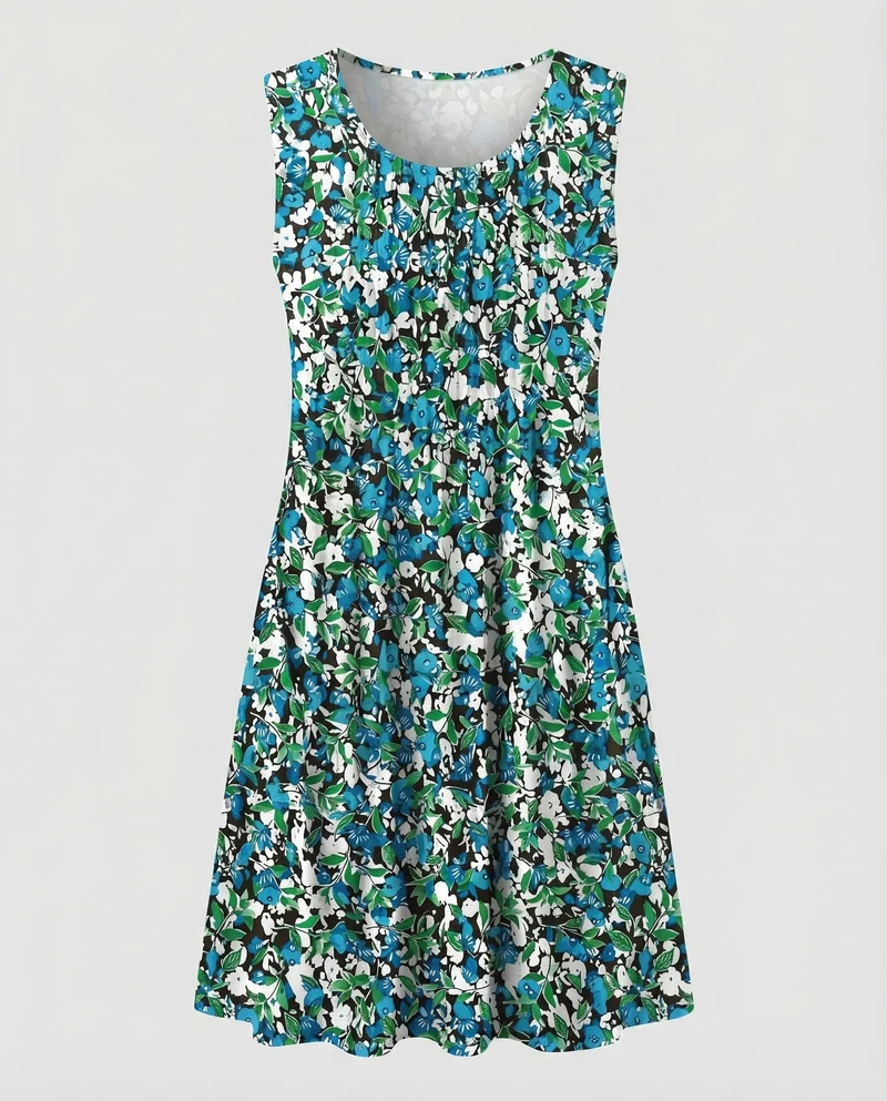 Damen Swing-Midikleid Blattprint Seitentaschen Viskose-Mix