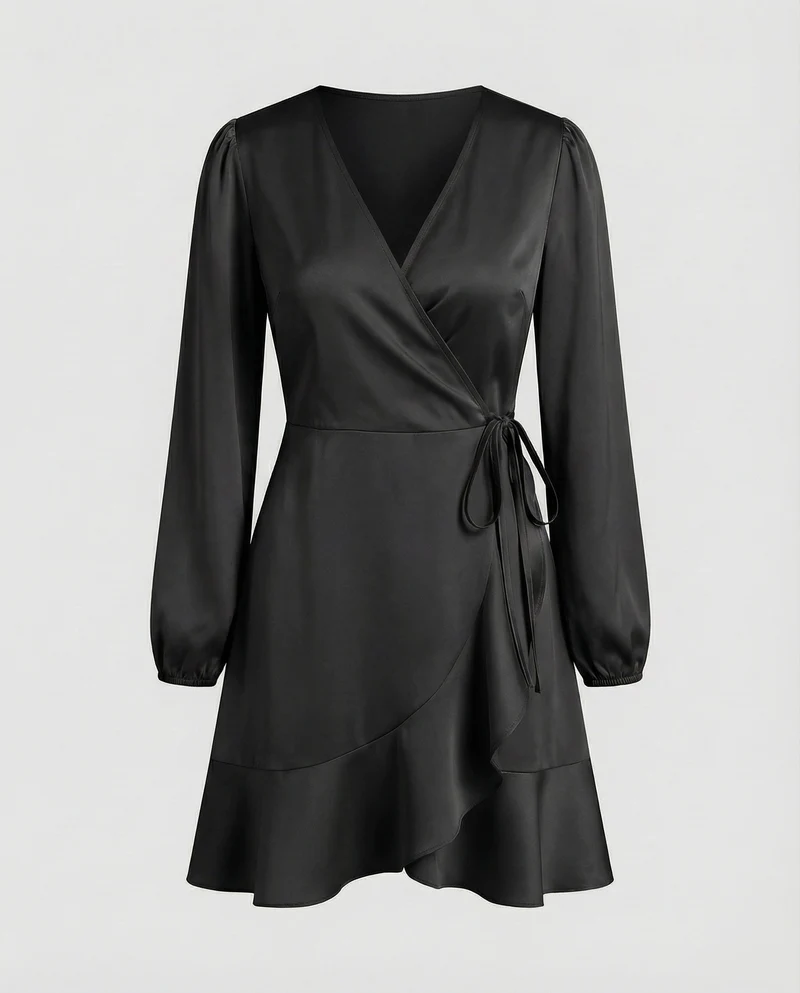 Damen Glänzende Bindegürtel Wickel-Minikleid