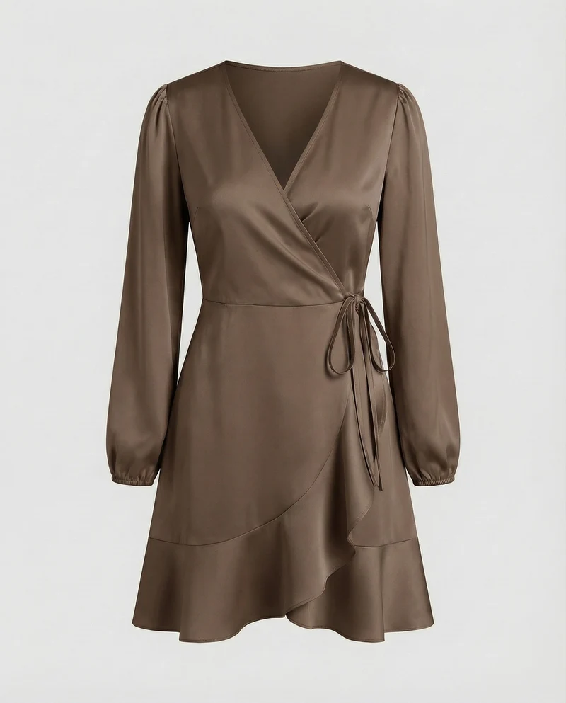 Damen Glänzende Bindegürtel Wickel-Minikleid
