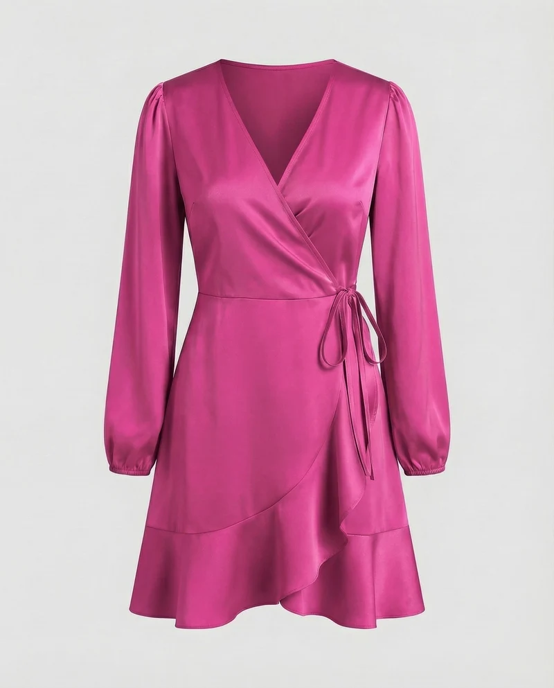 Damen Glänzende Bindegürtel Wickel-Minikleid