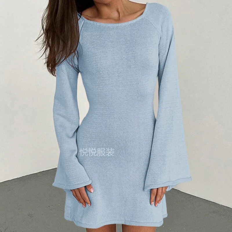 Damen elegantes Strickkleid mit weitem Ärmel und figurbetonter Silhouette