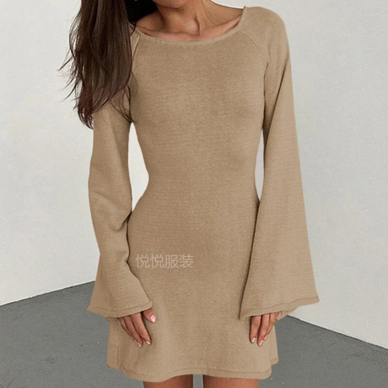 Damen elegantes Strickkleid mit weitem Ärmel und figurbetonter Silhouette