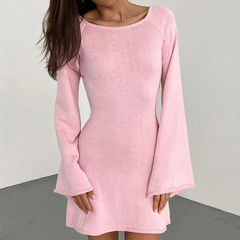 Damen elegantes Strickkleid mit weitem Ärmel und figurbetonter Silhouette
