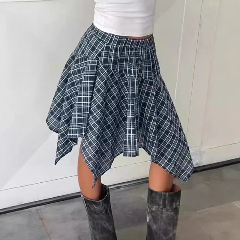 Damen asymmetrischer kariert Rock mit elastischem Bund Nord Taschen