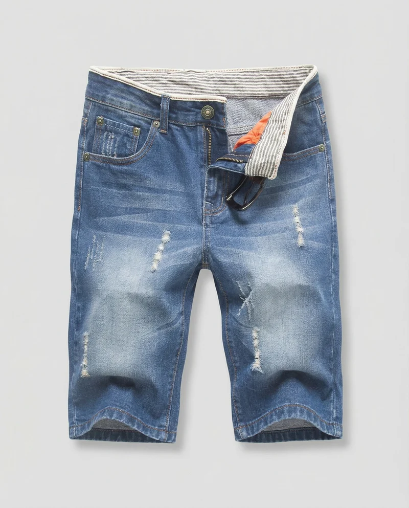 Herren Jeans-Bermuda Lässig Used Fransen