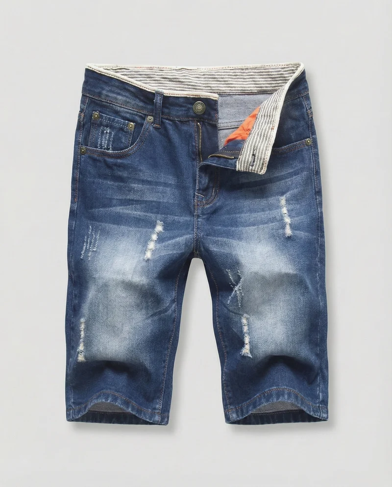 Herren Jeans-Bermuda Lässig Used Fransen