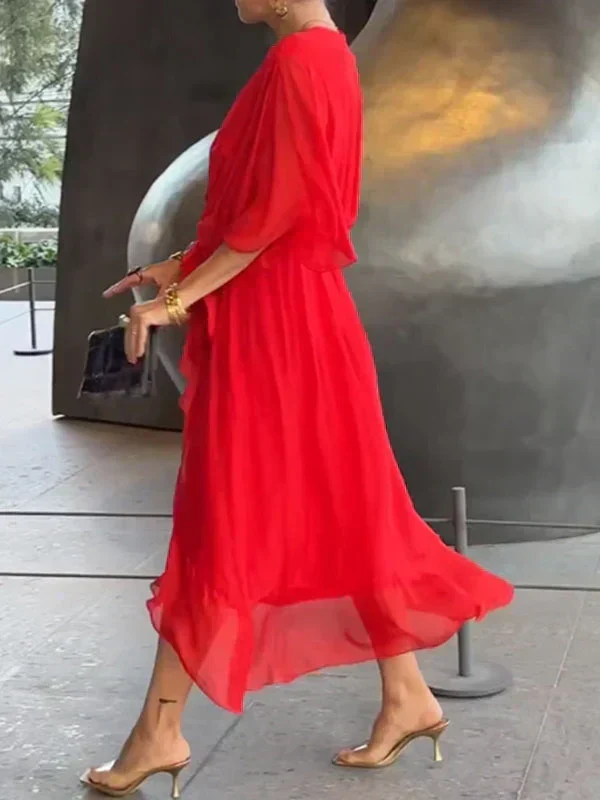 Nord Taschen | Grünes Chiffonkleid mit V-Ausschnitt