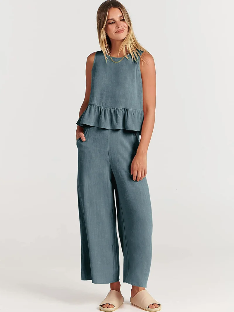 Damen luftiges Zweiteiler-Set mit schickem Peplum-Top und weitem Hose