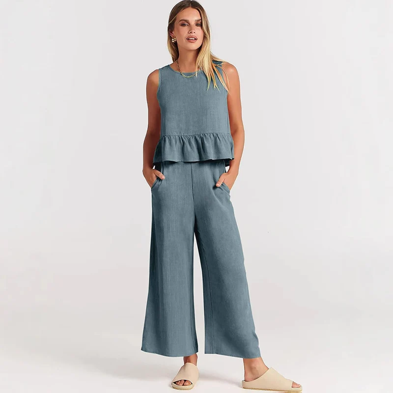 Damen luftiges Zweiteiler-Set mit schickem Peplum-Top und weitem Hose