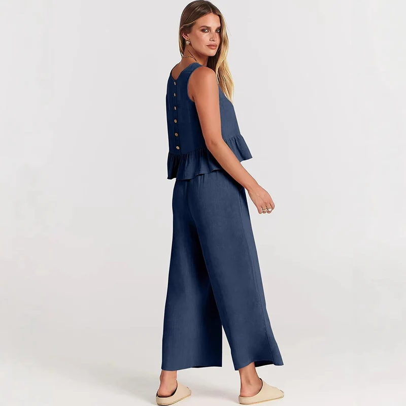 Damen luftiges Zweiteiler-Set mit schickem Peplum-Top und weitem Hose