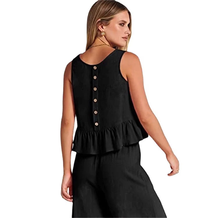 Damen luftiges Zweiteiler-Set mit schickem Peplum-Top und weitem Hose