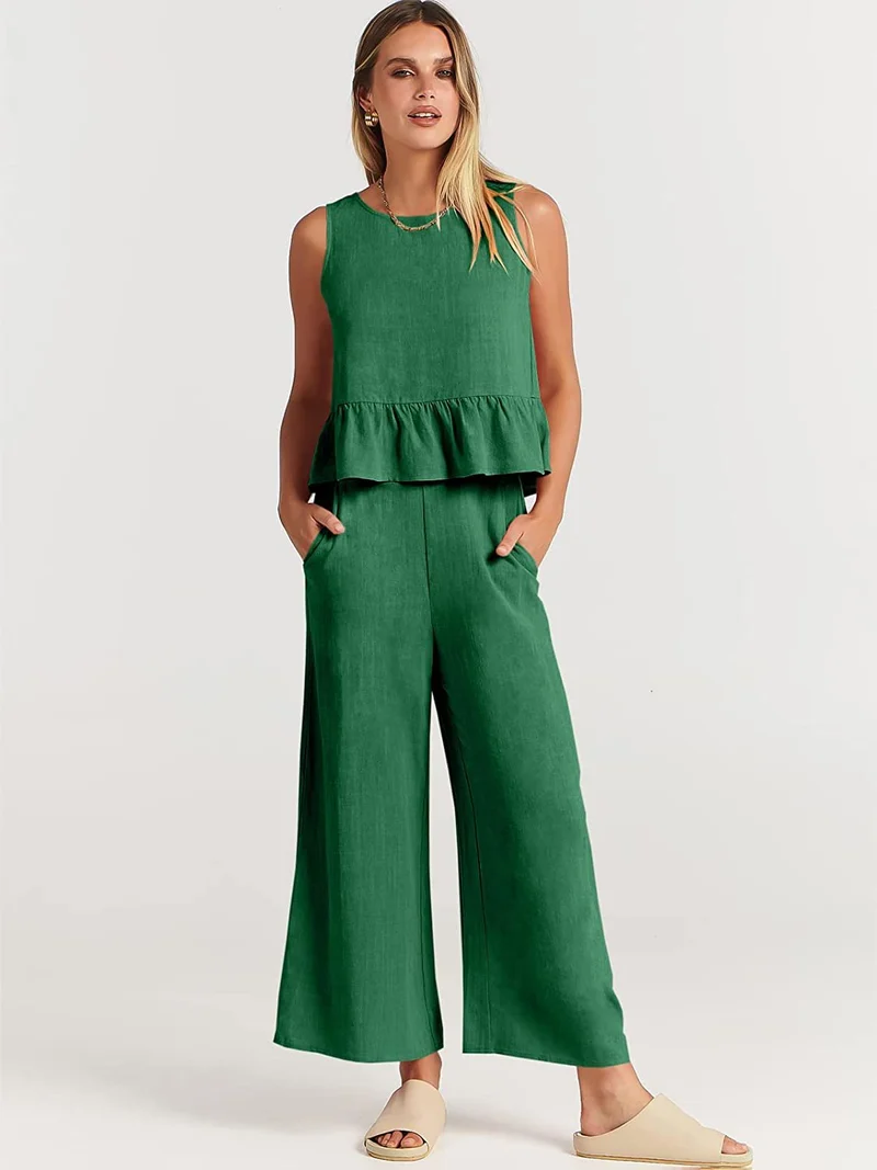 Damen luftiges Zweiteiler-Set mit schickem Peplum-Top und weitem Hose