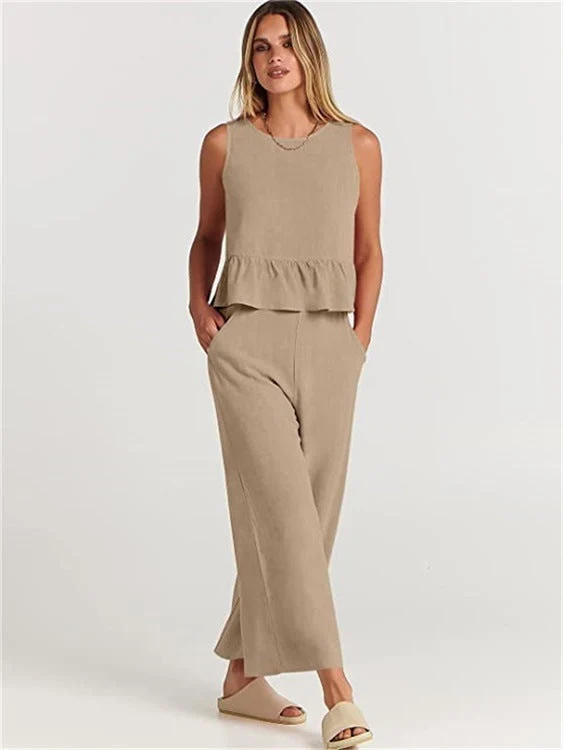 Damen luftiges Zweiteiler-Set mit schickem Peplum-Top und weitem Hose