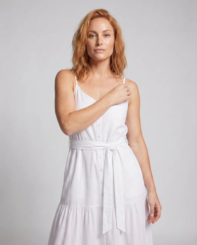 Damen Leinenoptik-Maxikleid Spaghettiträger Bindegürtel Stufen