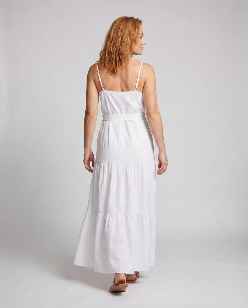 Damen Leinenoptik-Maxikleid Spaghettiträger Bindegürtel Stufen
