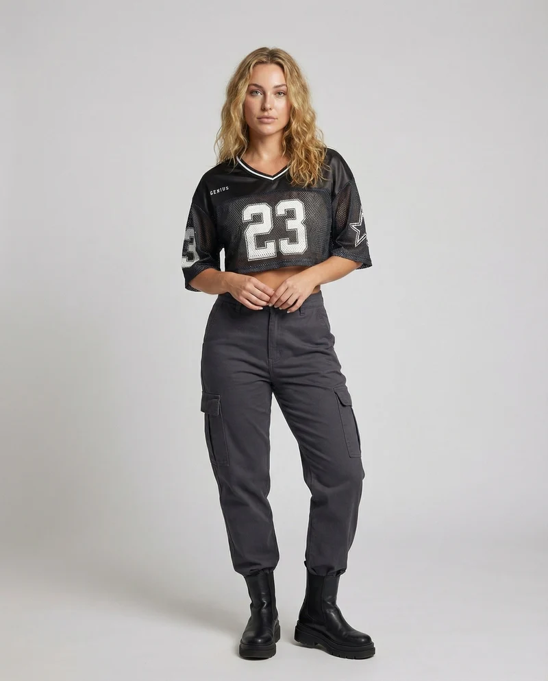 Damen Sportliche Mesh-Einsätze MischgewNord Taschene Trikot-Cropped-Top