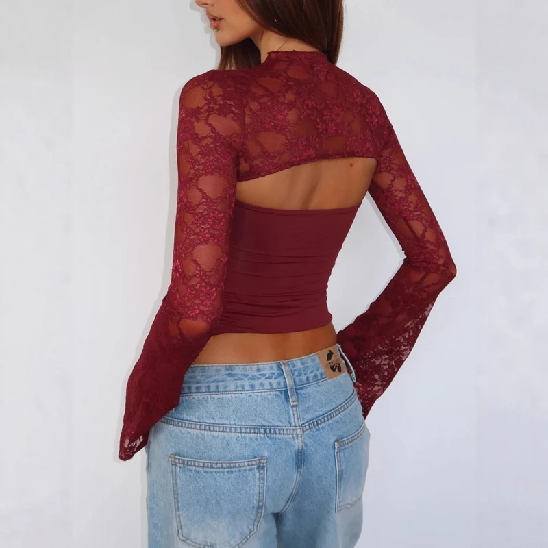 Damen Elegantes Oberteil mit transparenten Ärmeln und hochwertiger Spitze