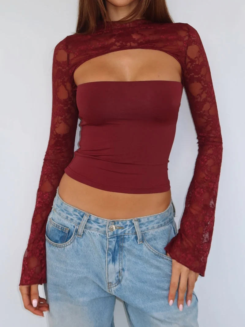 Damen Elegantes Oberteil mit transparenten Ärmeln und hochwertiger Spitze