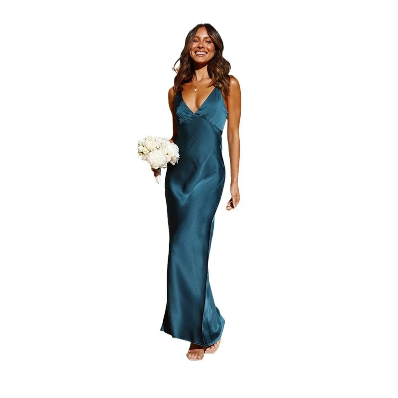 Damen Satin Maxikleid mit eleganter V-Form und fließendem Schnitt