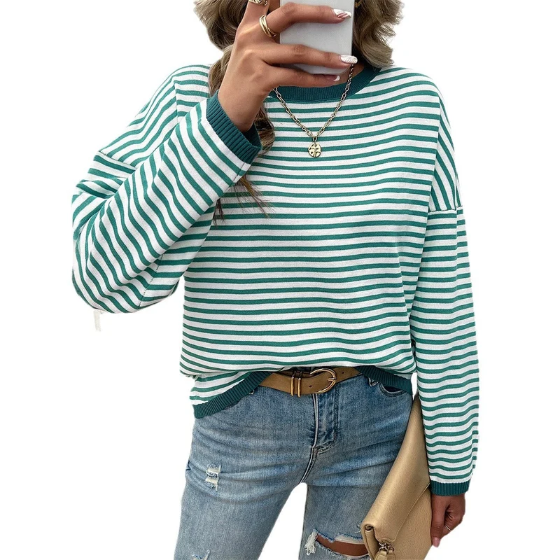 Damen Lässiger Streifenpullover mit Farbigen Akzenten