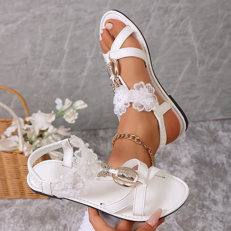 Damen Elegante Sandalen mit floralen Applikationen und verstellbarem Riemen