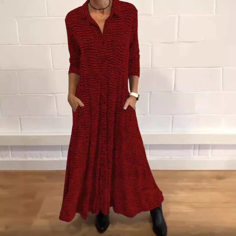 Damen nan fließendes Maxikleid mit Hemdblusenkragen, V-Ausschnitt, dreiviertelärmeln und Seitentaschen