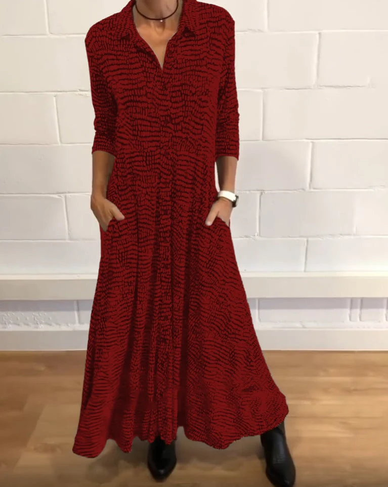 Damen nan fließendes Maxikleid mit Hemdblusenkragen, V-Ausschnitt, dreiviertelärmeln und Seitentaschen