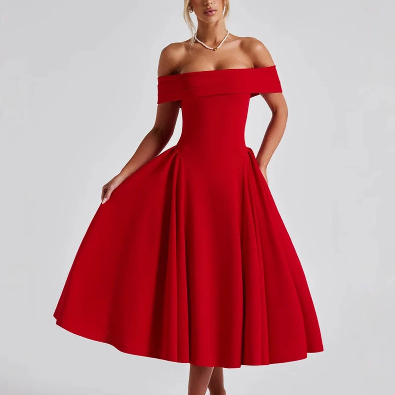 Damen Cocktailkleid mit schulterfreiem Design und voluminösem Rock