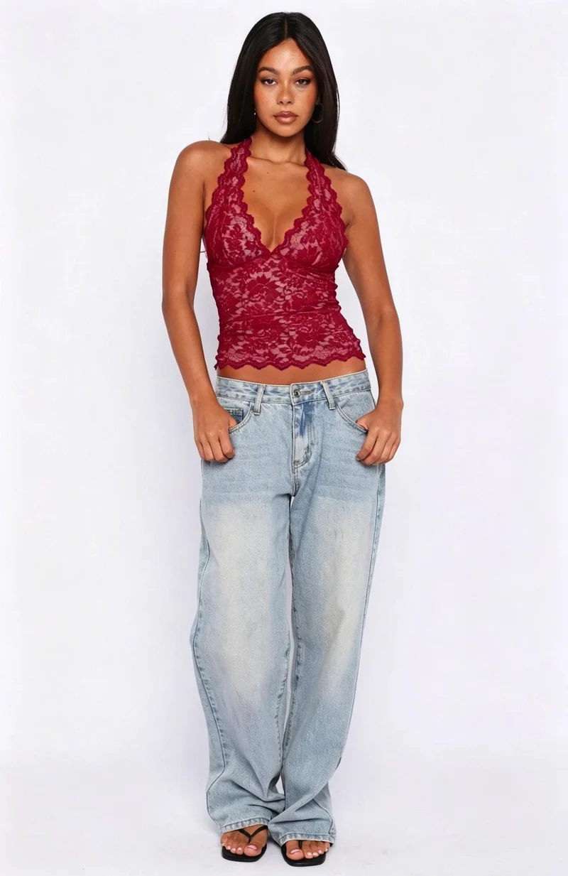 Damen Spitzen-Top mit tiefem V-Ausschnitt und raffinierten Details