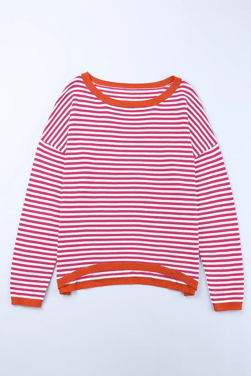 Kontrastfarbig Gestreifter Pullover Mit Überschnittenen Schultern