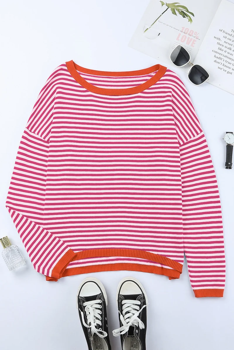 Kontrastfarbig Gestreifter Pullover Mit Überschnittenen Schultern