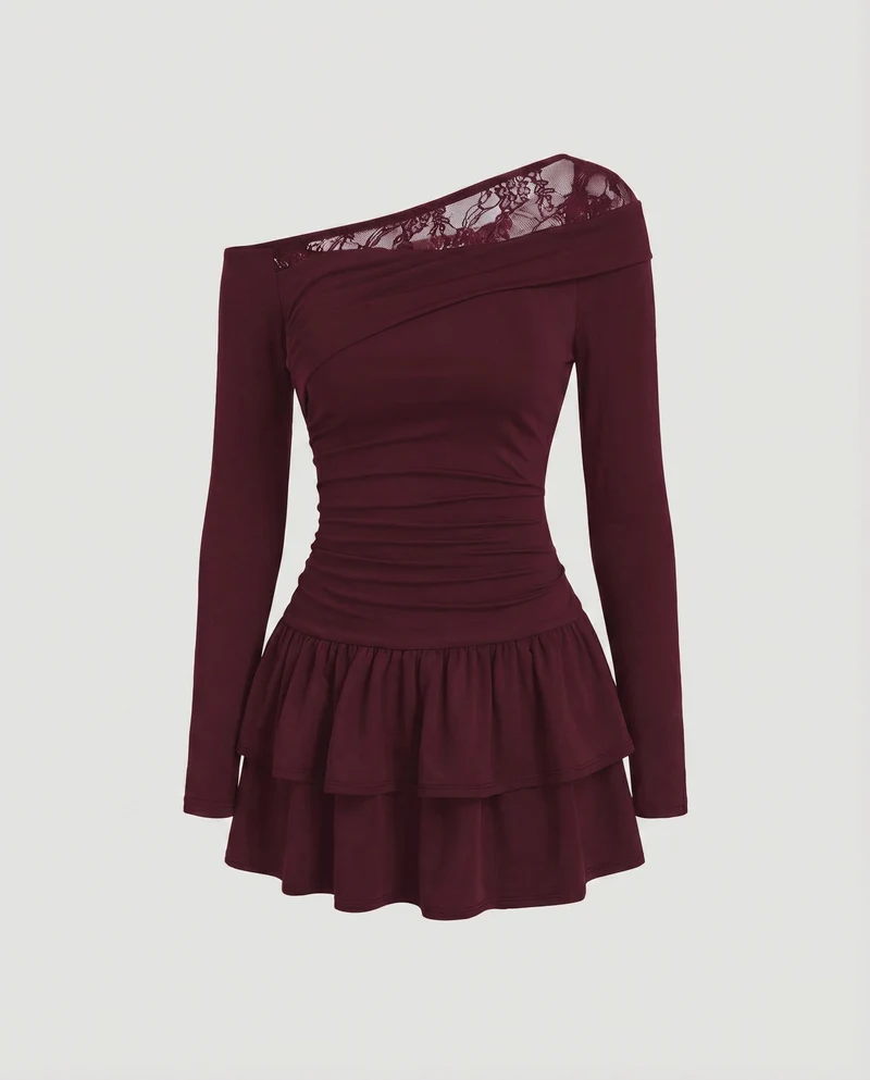 Damen asymmetrisches Minikleid mit feiner Spitzendetails und gerafftem Design