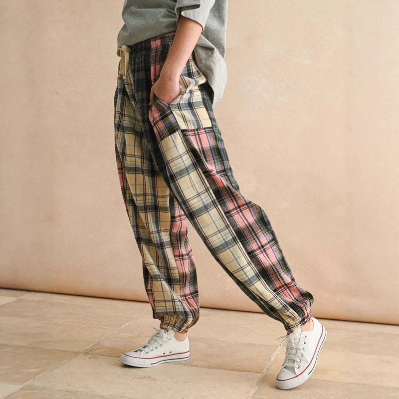 Damen Karierte Komfort-Hose mit elastischem Bund Nord Taschen