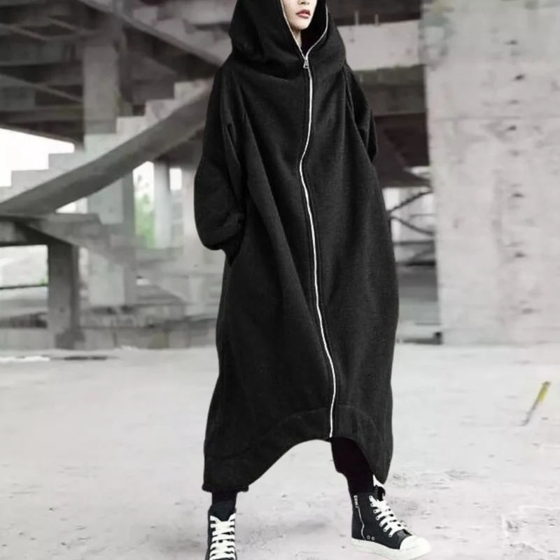 Lange Winterjacke mit Kapuze und Reißverschluss für Damen