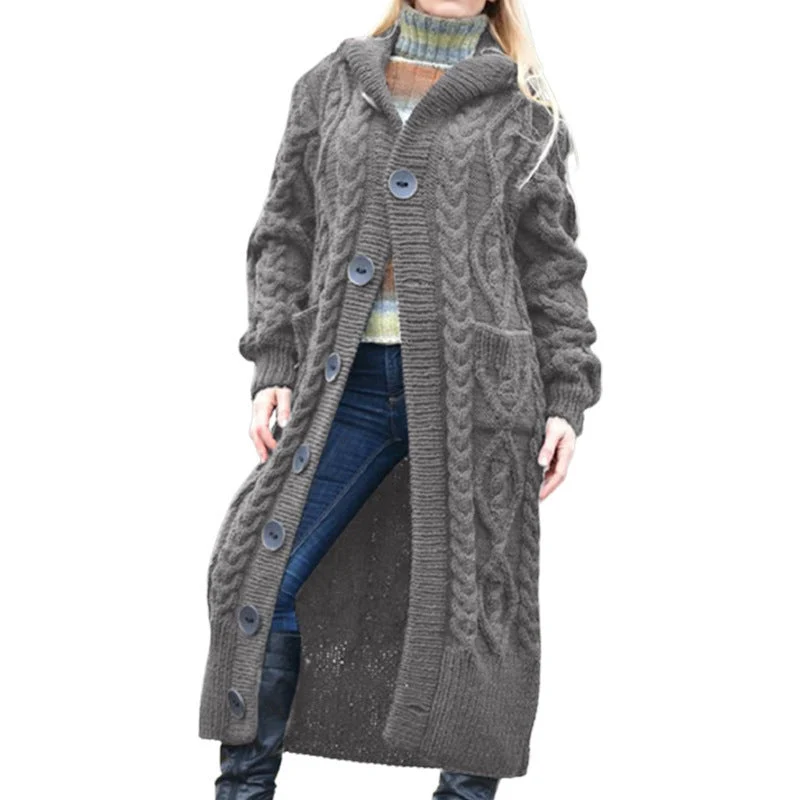 Damen Strickmantel mit Kapuze und Kabelmuster