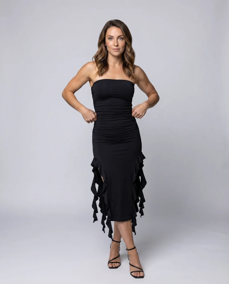 Damen Midikleid Trägerlos Seitliche Volants Raffung