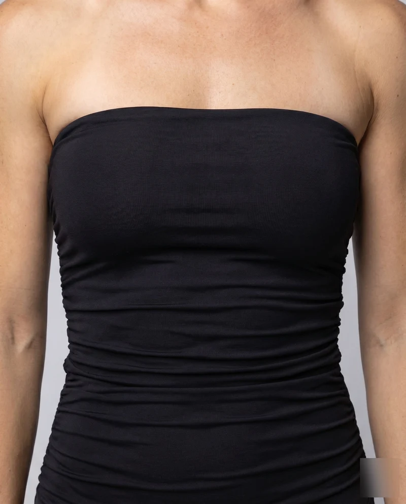 Damen Midikleid Trägerlos Seitliche Volants Raffung