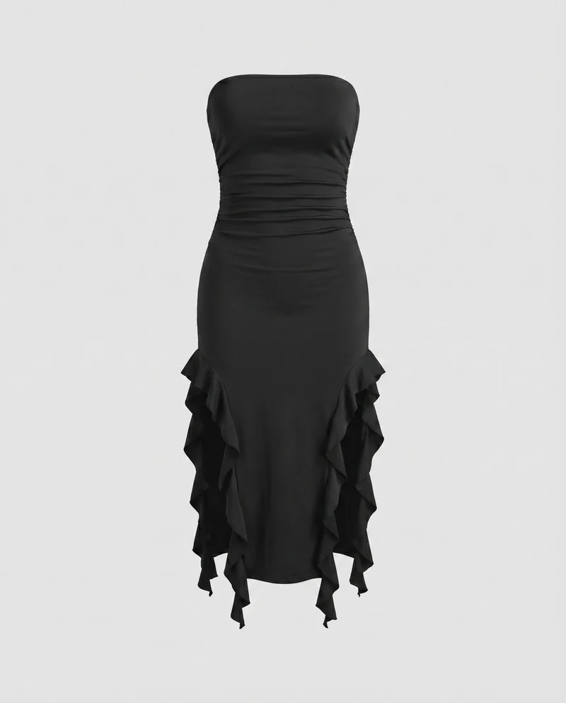 Damen Midikleid Trägerlos Seitliche Volants Raffung